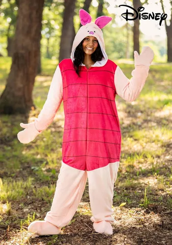 Vista 2 de Disney - Disfraz de cerdito para adultos, disfraz de cerdito de Winnie the Pooh, enterizo con capucha para hombres y mujeres, disfraz de cerdito