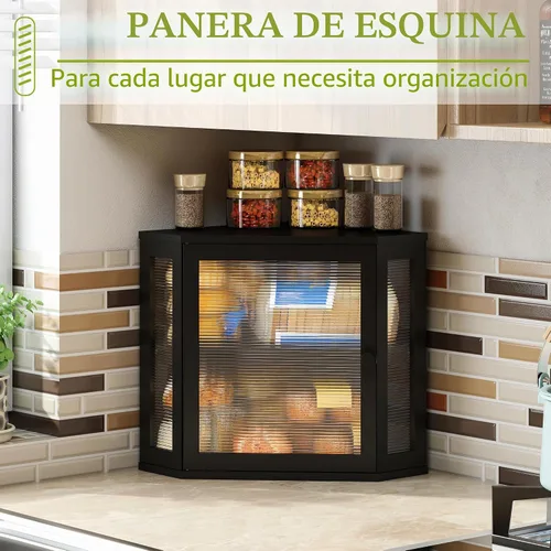 Vista 3 de Caja de pan de esquina BMOSU para encimera de cocina de doble capa de bambú contenedor de pan de madera de gran capacidad (negro, mediano)
