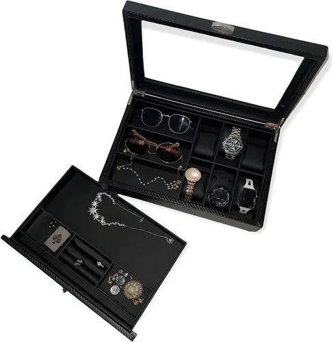 Vista 6 de HAUTEROW Caja organizadora de relojes para hombres, caja de joyería, estuche de reloj, organizador de gafas de sol, bandeja de valet, organizador