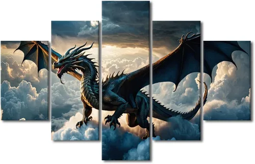 Vista 24 de Lienzo decorativo para pared de sala de estar, lienzo de dragón, 5 paneles, dragón verde, decoración de pared para el hogar, decoración de pared