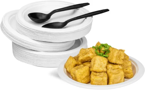 Vista 2 de KARAT EARTH Platos compostables de bagazo - Biodegradables, naturales, aptos para microondas, sin PFAS, 6 pulgadas, caja de 1000