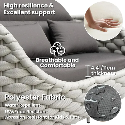 Vista 5 de Juego de muebles de patio de cuerda de 4 piezas: conjunto de sofás al aire libre de aluminio acolchado - sofá de conversación moderno ensamblado
