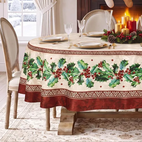 Vista 8 de Softalker Mantel Cuadrado de Jacquard Navideño, Mantel Impermeable Vintage de Invierno con Acebo, Cubierta de Mesa de Tela Estilo Granja Navideña