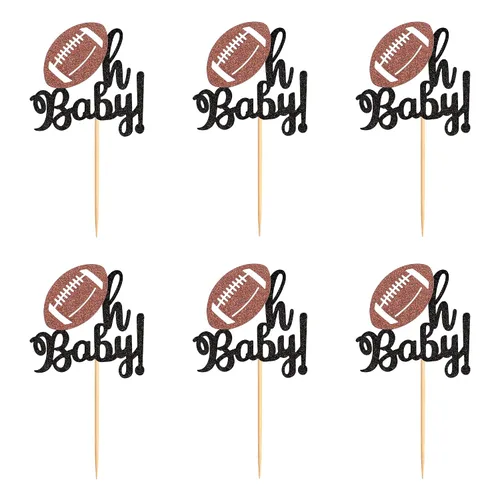 Vista 7 de Ercadio Paquete de 24 adornos para cupcakes de fútbol americano Oh Baby - Púas de rugby con purpurina negra para temática deportiva, baby shower