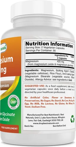 Vista 2 de Best Naturals Magnesio 425 mg 180 cápsulas vegetarianas – Glicinato de magnesio de alta absorción y quelado de óxido de magnesio, sin OMG, sin