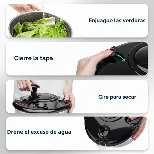 Vista 5 de Escurridor de ensalada de acero inoxidable, lavadora de verduras de 4.8 Qt, secador de lechuga sin BPA con diseño de manivela, apto para negro