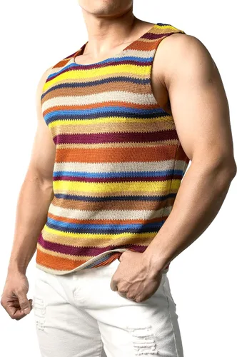 Vista 3 de JOGAL Camisas sin mangas a rayas arcoíris para hombre, camisetas sin mangas casuales multicolor