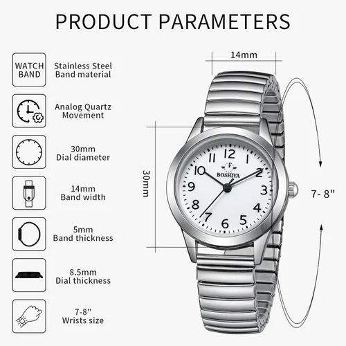 Vista 2 de BOSHIYA Reloj analógico de banda elástica para mujer, fácil de leer, números romanos, esfera de expansión de acero inoxidable, reloj de pulsera