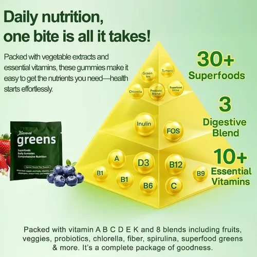 Vista 6 de Daily Greens, Superfood - Paquetes de gomitas verdes, suplemento de clorella y espirulina con más de 20 prebióticos orgánicos, vitaminas y minerales