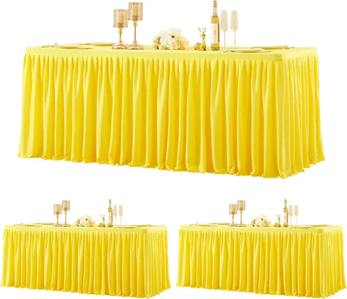 Vista 22 de Manteles de poliéster negro para mesas rectangulares de 4 pies, cubierta de mesa ajustada sin arrugas con falda de mesa plisada con volantes