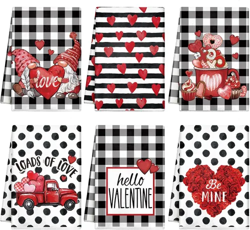Vista 9 de Patelai 6 toallas de cocina para el día de San Valentín, corazones rojos, a cuadros, camión, té, baño, vacaciones, platos, 21.3 x 14.3 pulgadas
