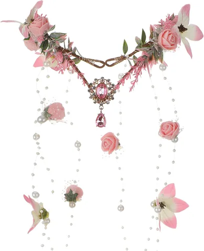 Vista 10 de MOSTORY Corona de flores de hada, corona de elfo floral, círculo de flores de bosque para mujer, Renfaire, Halloween Negro-rojo