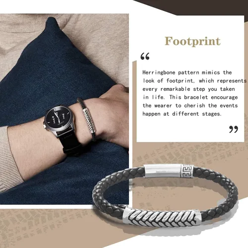 Vista 4 de FANCIME Footmark 925 Sterling Silver Herringbone Pattern Genuine Mens Leather Bracelet Braided Rope Spiritual Energy Charm with Push Button Locking