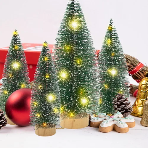 Vista 7 de Mini árbol de Navidad con luces, árboles de Navidad de cepillo de botella con base de madera, mini árbol de pueblo navideño de mesa