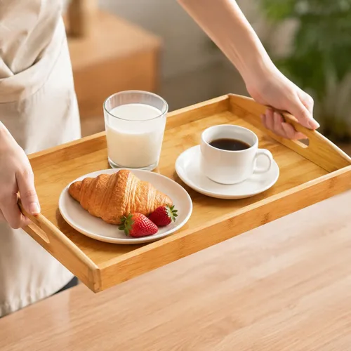 Vista 5 de Peohud Paquete de 4 bandejas de bambú para servir con asas, bandeja rectangular de comida de cocina para comer, bandejas de cena para comer
