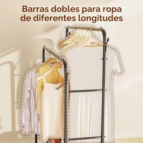 Vista 4 de TigerParty Perchero de doble barra para colgar ropa, perchero rodante con ruedas, estantes de ropa independientes con 2 estantes para dormitorio