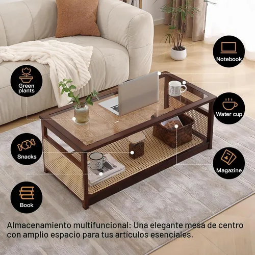 Vista 6 de Welnow Mesas de centro de ratán para sala de estar, moderna mesa de centro de 2 niveles, mesa de centro rectangular de mediados de siglo con estante
