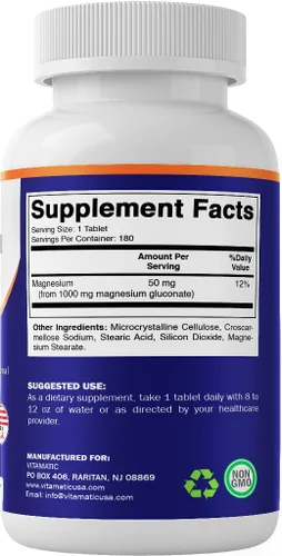 Vista 8 de Vitamatic Gluconato de magnesio 1000 mg - 180 tabletas vegetarianas (sin recubrimiento) - Apoya la salud muscular, nerviosa y cardíaca* - Paquete