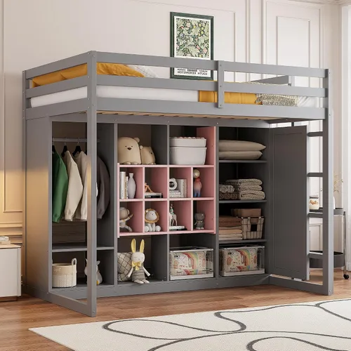 Vista 4 de Merax Cama tipo loft de madera con armario, estantes y gabinete, tamaño individual, gris+rosa