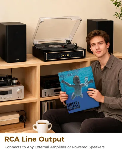 Vista 5 de Tocadiscos retro Bluetooth con altavoces integrados, tocadiscos de 3 velocidades por correa, control de graves y agudos, reproductor de vinilo Negro
