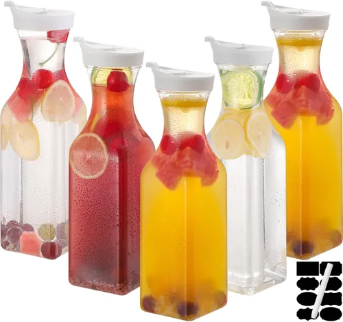 Vista 9 de 3 piezas Jarra de agua de plástico de 32 oz con tapa abatible, contenedores de jugo de base cuadrada, jarra de suministros para bar de mimosa