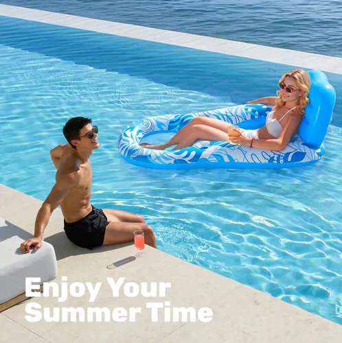 Vista 8 de Sloosh Flotadores inflables para piscina, tumbona para adultos, flotador de piscina flotante, silla reclinable flotante con portavasos y reposapiés