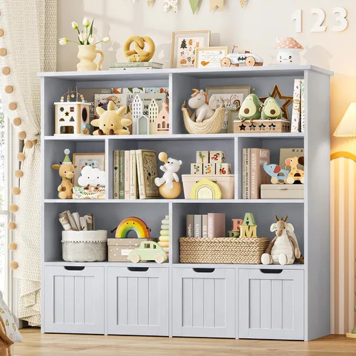 Vista 9 de FINETONES Organizador de Almacenamiento, Estantería con 4 Cofres Móviles y 7 Cubos de Almacenamiento, Cofre de Almacenamiento con Ruedas Ocultas