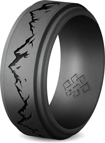 Vista 6 de Knot Theory Anillo de silicona para hombre, grabado de montaña, ondas, bosque, ancho de banda de 0.315 pulgadas, transpirable, ajuste cómodo