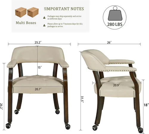 Vista 3 de LEEMTORIG Juego de 2 sillas de comedor con ruedas y brazo, sillas de comedor grandes con ruedas, silla de mesa de póquer de madera maciza, 26