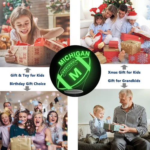 Vista 6 de Luz nocturna de fútbol 3D Michigan, regalos de fútbol, lámpara de ilusión 3D para niños, regalo de 16 colores cambiantes, control remoto