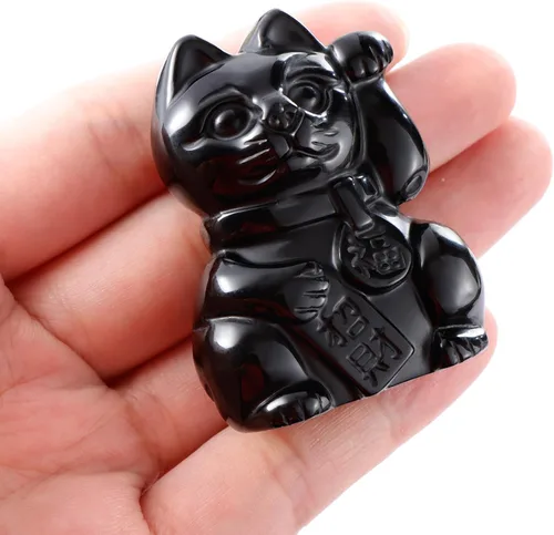 Vista 3 de Artistone Black Obsidian Crystal Maneki Neko Money Feng Shui Fortune Lucky Cat Collectible Figurine Gemstone Sculpture for Attract Wealth Good Luck
