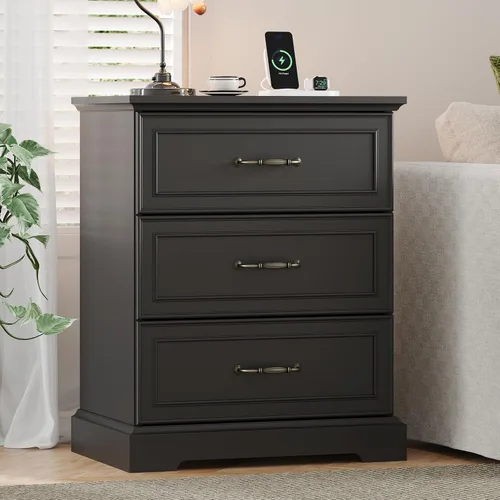 Vista 3 de Cómoda rústica de 3 cajones para dormitorio, cómoda moderna de 24 pulgadas de ancho con cajones profundos y asas de barra, mesita de noche de madera