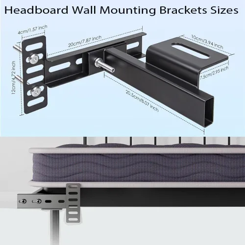 Vista 5 de Soportes de cabecera ajustables para marco de cama de metal, soportes universales para cabecero con kit de extensión de estribo para cama