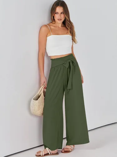 Vista 6 de Caracilia Pantalones de descanso de pierna ancha para mujer con bolsillos, cintura alta, pantalones palazzo largos y fluidos, ajustables, con nudo