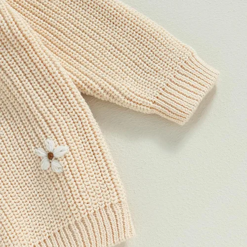 Vista 6 de Suéter de punto para bebé niña, con bordado floral, cuello redondo, manga larga, suéter de punto, ropa cálida para otoño e invierno