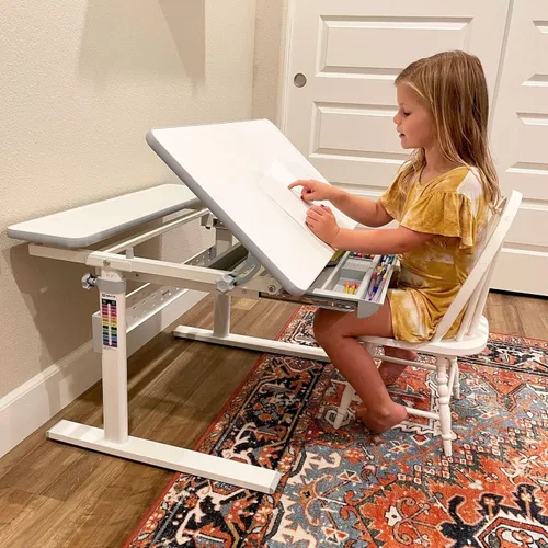 Vista 4 de Mount-It! Escritorio ajustable para niños con escritorio inclinable, mesa de estudio de altura ajustable con cajón de almacenamiento, escritorio