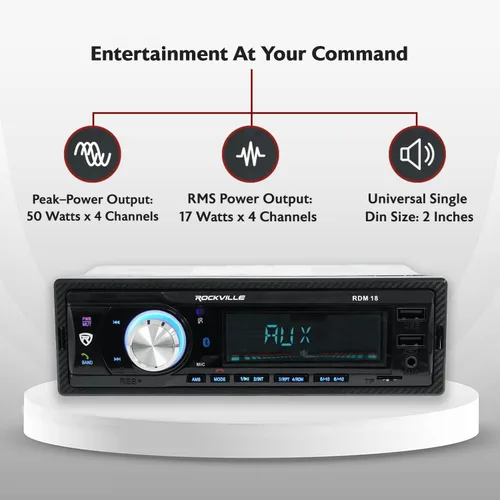 Vista 2 de Rockville RDM18 V2 - Receptor de automóvil de medios digitales en el salpicadero, 50 W, 4 canales, Bluetooth, AM/FM, MP3, USB/SD