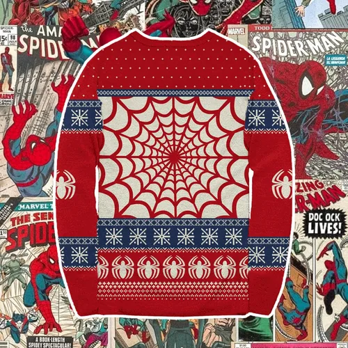Vista 4 de Marvel Suéter navideño de Spider- Man Symbol and Webs con licencia oficial para adultos