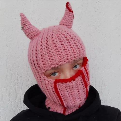 Vista 6 de Gorro de punto Y2k con cuerno de diablo y oreja de conejo largo, máscara de esquí, pasamontañas, accesorios para grunge