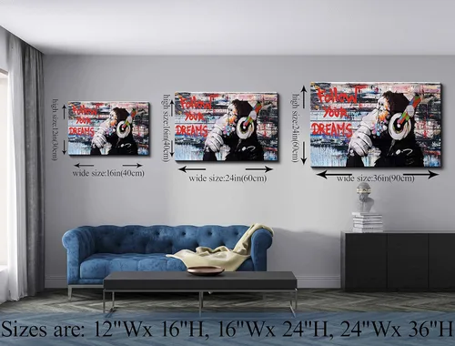 Vista 6 de Lienzo enmarcado de Banksy Graffiti para pared, póster de mono con auriculares, impresiones de pintura callejera, arte pop para sala de estar, listo