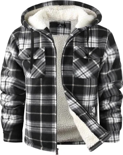 Vista 2 de V VALANCH Chaqueta de franela para hombre con capucha, manga larga, abrigo a cuadros con cremallera, sudadera gruesa con 4 bolsillos