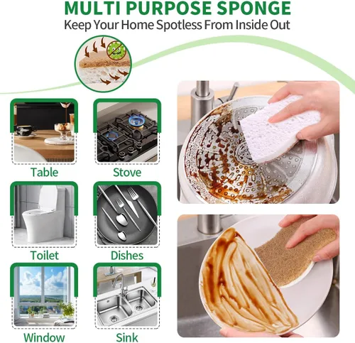 Vista 5 de Esponjas de cocina naturales biodegradables a base de plantas, esponja compostable de celulosa con fibra de coco, esponja de limpieza sin rayones