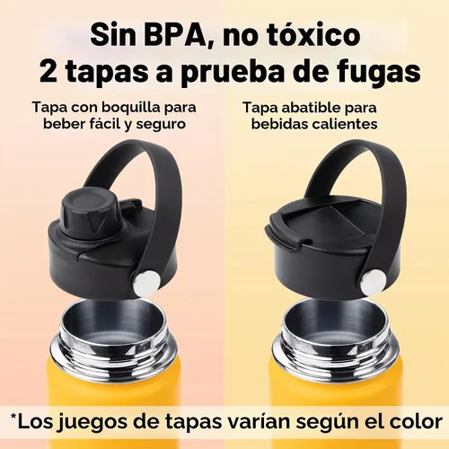 Vista 5 de Botella de agua aislante ThermoProof – Acero inoxidable, boca ancha, tapas abatibles y con boquilla, a prueba de fugas, apta para lavavajillas Ámbar