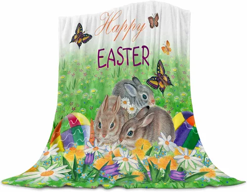 Vista 11 de Manta de Pascua para niños, cálida manta de vellón de felpa de franela, manta de cama con cola de conejo, huevos de Pascua, conejo, flores