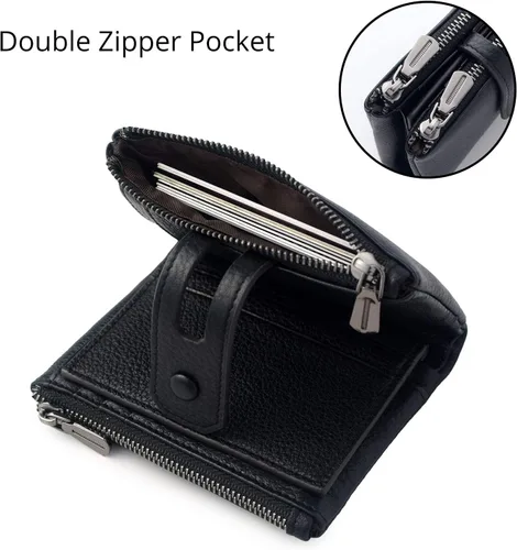 Vista 4 de Bveyzi Cartera pequeña de cuero suave para mujer, con bloqueo RFID, tarjetero con doble bolsillo con cremallera