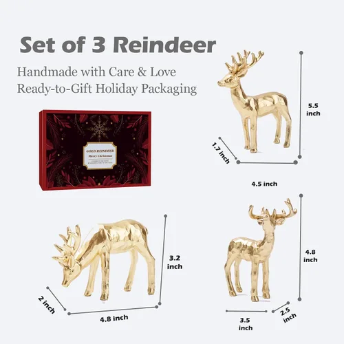 Vista 2 de Juego de 3 estatuillas de reno de resina para decoración navideña, estatuillas de reno doradas para mesa, pequeñas estatuillas decorativas de ciervo