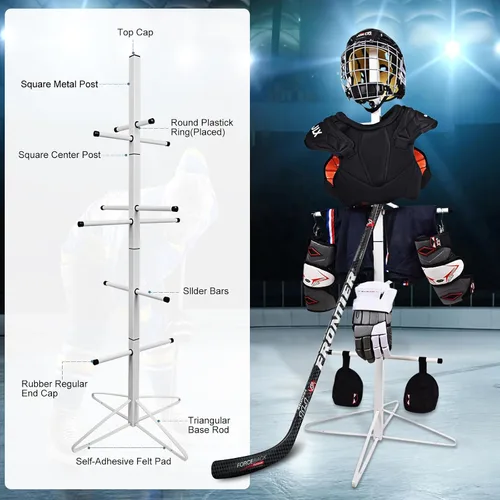 Vista 3 de Estante de secado de equipo de hockey de metal para almacenar equipos deportivos para adultos y niños, 4 clips adicionales para colgar