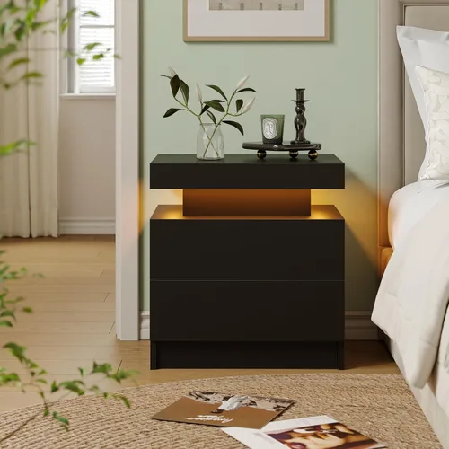 Vista 3 de Mesita de noche LED negra moderna con 2 cajones para mesa auxiliar de dormitorio