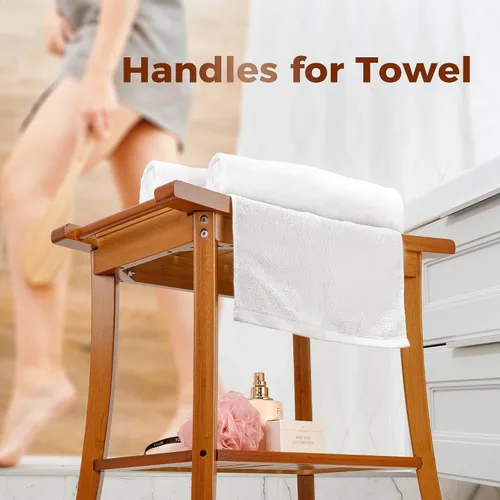 Vista 6 de Utoplike Banco de ducha de bambú con almacenamiento, taburete de ducha de madera con asas, asiento de baño para toallas, spa, ducha