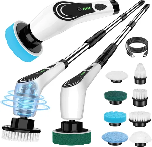 Vista 8 de Limpiador eléctrico giratorio 6 en 1, limpiador eléctrico inalámbrico con mango extensible de 47.2 pulgadas de largo, IPX7 impermeable de 2